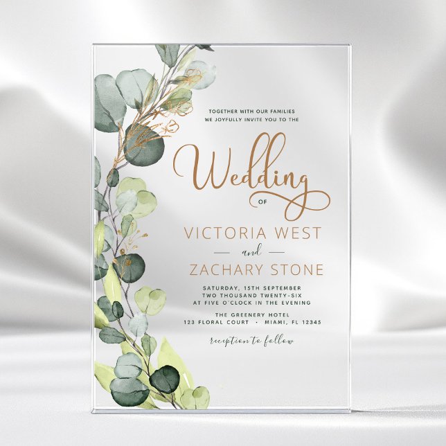 Modern Minimalist Green Leaf Eucalyptus Wedding Acrylic Invitations (Creator Uploaded)