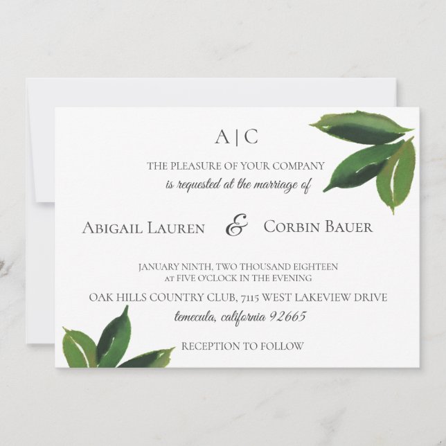 Modern Minimalist Green Leaf Wedding Invitation (Front)