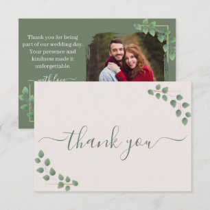 Modern Minimalist Green Leave Frame Wedding Thank You Card