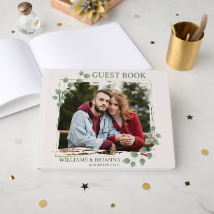 Modern Minimalist Green Leave Photo Wed Guest Book