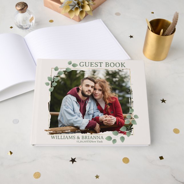 Modern Minimalist Green Leave Photo Wed Guest Book (Front Open)