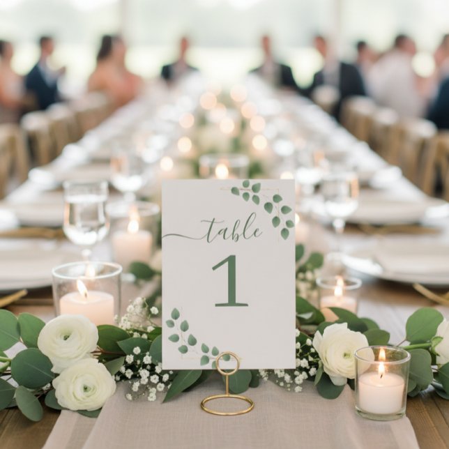 Modern Minimalist Green Leave Wedding Table Number (Creator Uploaded)