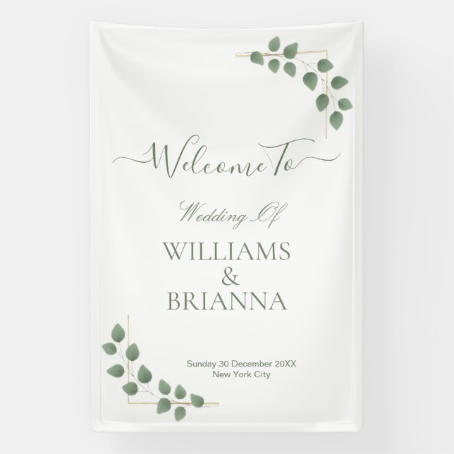 Modern Minimalist Green Leaves Wedding Banner (Vertical)