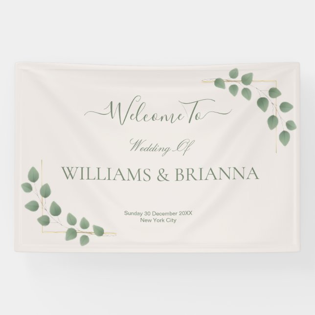 Modern Minimalist Green Leaves Wedding Banner (Horizontal)