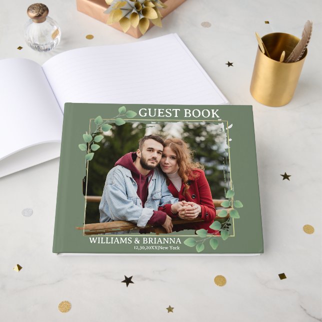 Modern Minimalist Green Photo Wedding Guest Book (Front Open)