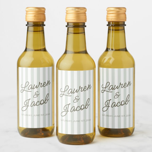 Modern Minimalist Green Stripes Wedding Mini Wine Label (Bottles)