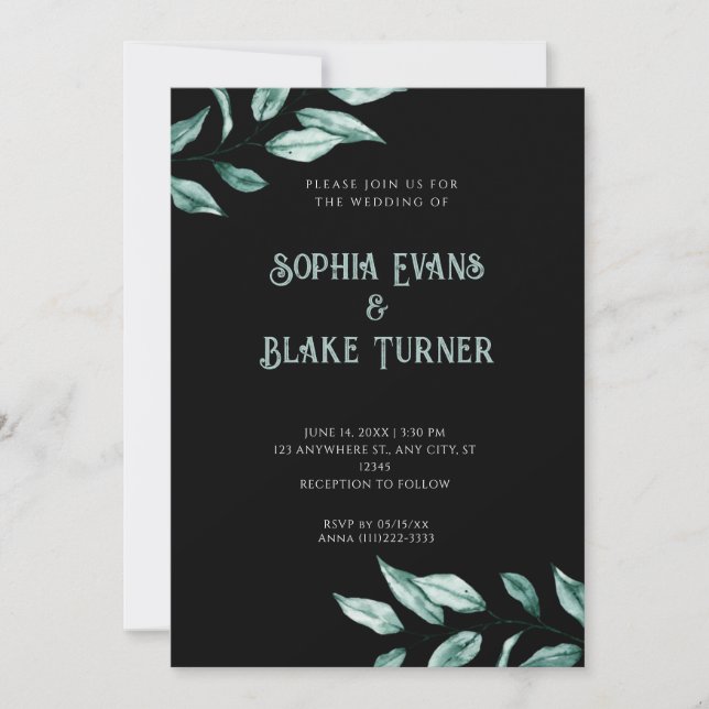 Modern Minimalist Greenery Black Wedding Invitation (Front)