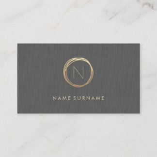Modern Minimalist Grey Linen Elegant Gold Monogram Business Card