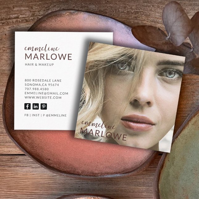 Modern Minimalist Hair Makeup Artist Photo  Square Business Card (Creator Uploaded)
