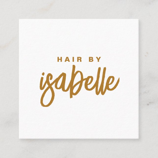 Modern Minimalist Hair Stylist Gold Script Square Business Card (Front)