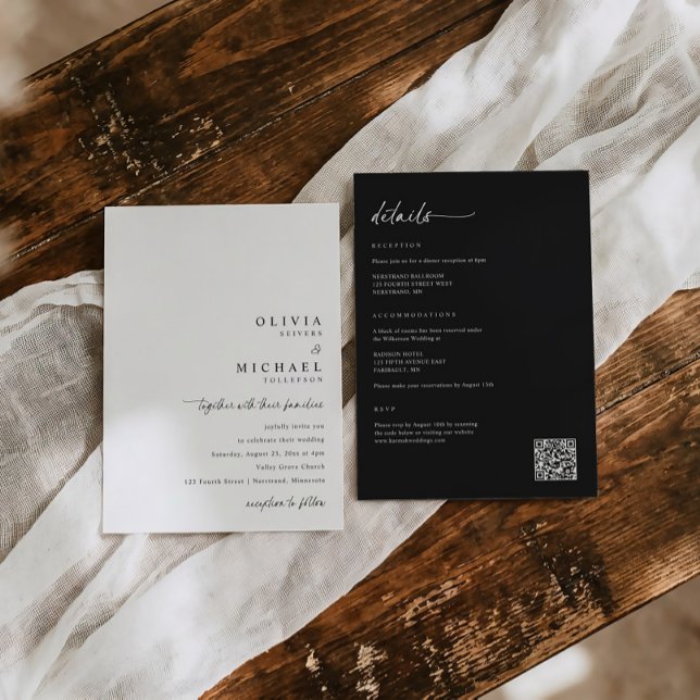 Modern Minimalist Handwriting All in One Wedding Invitation (Minimalist handwriting wedding invitation with details and rsvp and qr code on back.)