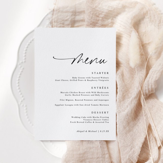 Modern Minimalist Handwriting Name Tag Wedding Menu (Modern handwritten wedding menu card with thank you on back and space for name tags.)