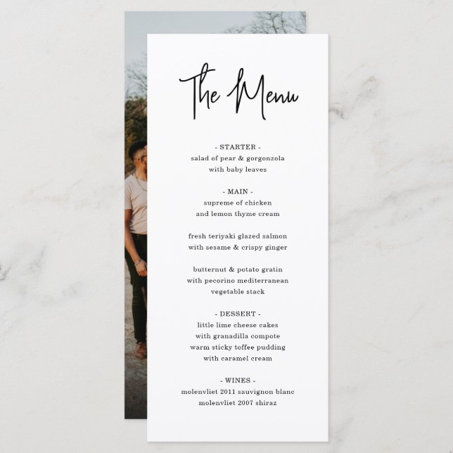 Modern Minimalist Handwriting Script Photo Wedding Menu (Front/Back)