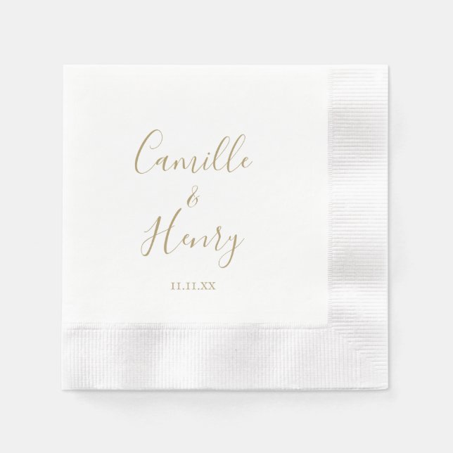 Modern Minimalist Handwritten Gold Elegant Wedding Napkin (Front)