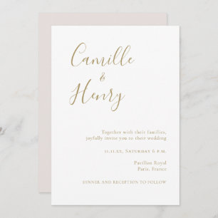 Modern Minimalist Handwritten Gold White Wedding Invitation