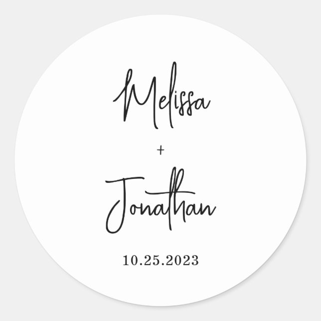 Modern Minimalist Handwritten Script Wedding Classic Round Sticker (Front)