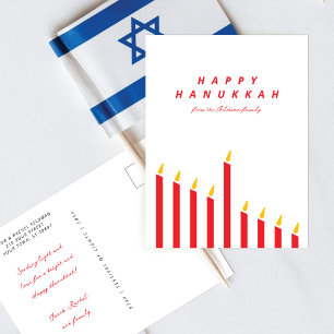 Modern Minimalist Hanukkah Candle Red & White Holiday Postcard