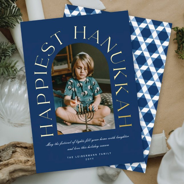 Modern Minimalist Happiest Hanukkah Arc Photo Foil Foil Holiday Card (Creator Uploaded)