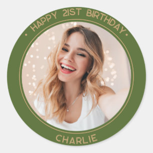 Modern Minimalist Happy 21st Birthday Photo Gold Classic Round Sticker