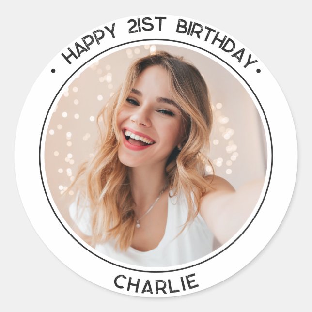 Modern Minimalist Happy 21st Birthday Photo White Classic Round Sticker (Front)