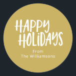 Modern Minimalist Happy Holiday Simple Name Yellow Classic Round Sticker<br><div class="desc">Modern Minimalist Happy Holidays Simple Mustard Yellow Name Classic Round Sticker</div>