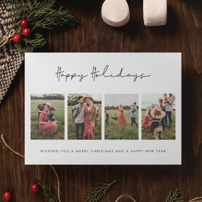 Modern Minimalist Happy Holidays 4 Photo Collage Holiday Card (Creator Uploaded)