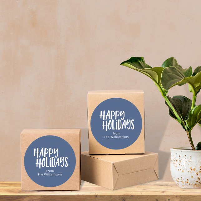 Modern Minimalist Happy Holidays Simple Blue Name  Classic Round Sticker (Creator Uploaded)