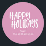 Modern Minimalist Happy Holidays Simple Name Pink Classic Round Sticker<br><div class="desc">Modern Minimalist Happy Holidays Simple Pink Name Classic Round Sticker</div>