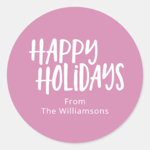 Modern Minimalist Happy Holidays Simple Name Pink Classic Round Sticker