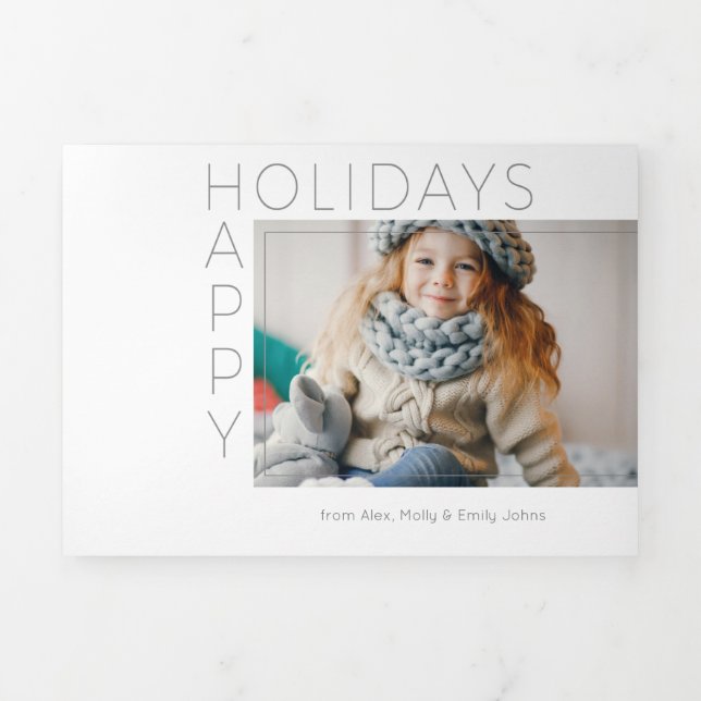 Modern Minimalist Happy Holidays Typography Photo Tri-Fold Holiday Card (Cover)