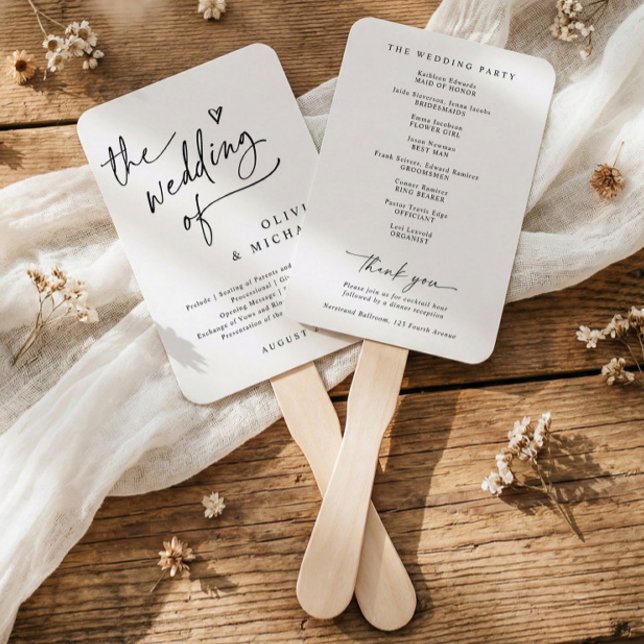 Modern Minimalist Heart Elegant Wedding Programs Hand Fan (Modern black and white wedding program fan with fun script, clean typography, and minimalist layout)