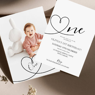 Modern Minimalist Heart First Birthday Photo  Invitation