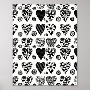 Modern Minimalist Hearts & Flowers Black & White Poster