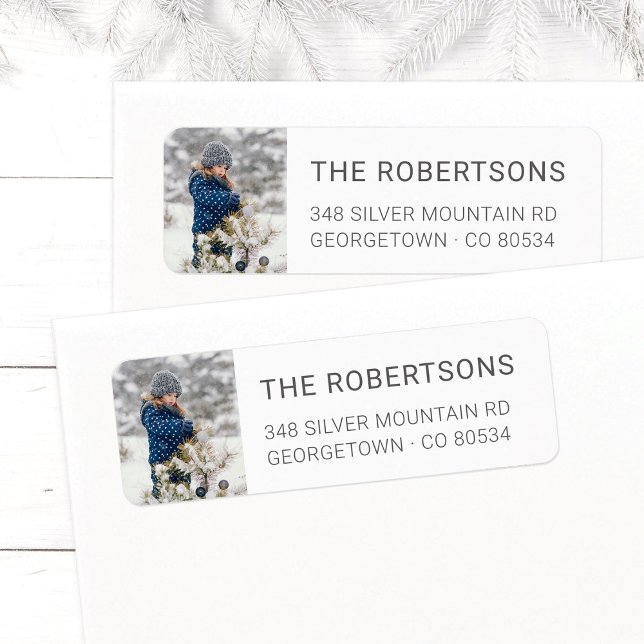 Modern Minimalist Holiday Photo Return Address Label (Modern Holiday Christmas photo return address label with elegant gray family name and address.)