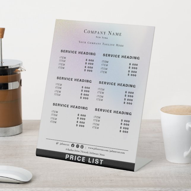 Modern Minimalist Holographic Silver Price List Pedestal Sign (In SItu)