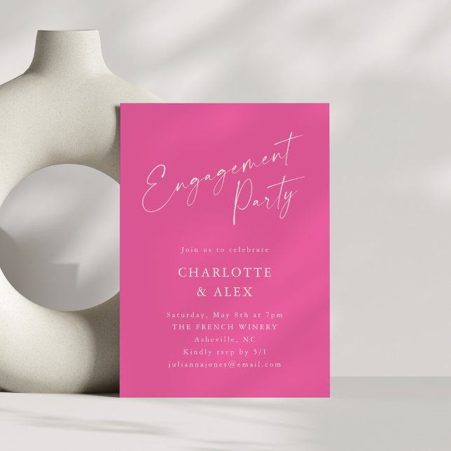 Modern Minimalist Hot Pink Script Engagement Party Invitation (Creator Uploaded)