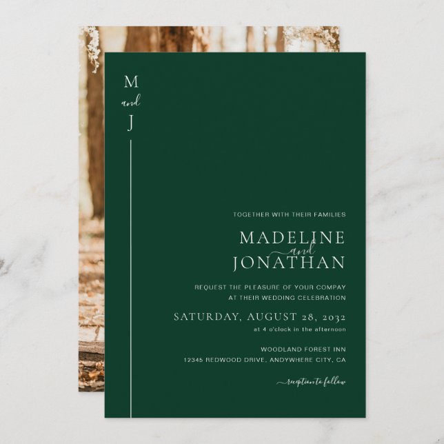 Modern Minimalist Initial Green Photo Wedding Invitation (Front/Back)