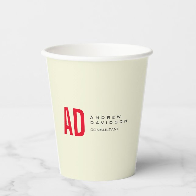 Modern Minimalist Initials Red Monogram Beige Paper Cups (Front)