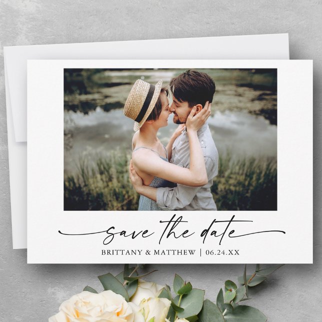 Modern Minimalist Ink Pen Script Photo Save The Date (Customize to change your personalized text size or text style.)