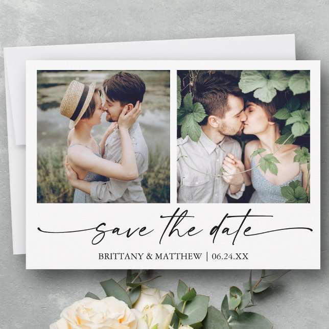 Modern Minimalist Ink Script 2 Photo Save The Date (Customize to change your personalized text size or text style.)