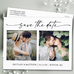 Modern Minimalist Ink Script 2 Photo Save The Date Postcard