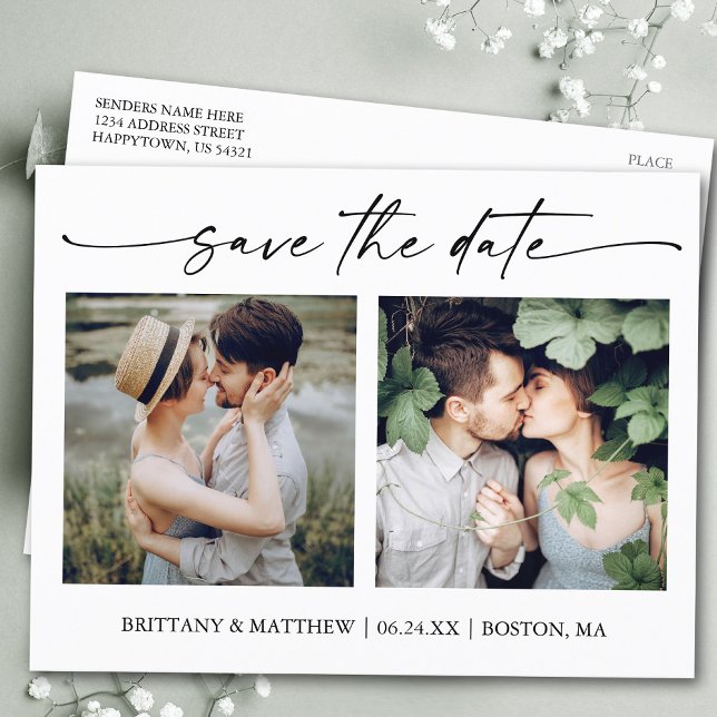 Modern Minimalist Ink Script 2 Photo Save The Date Postcard (Customize to change your personalized text size or text style.)