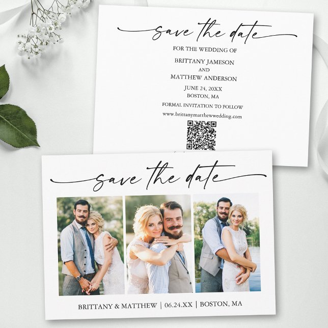 Modern Minimalist Ink Script 3 Photos QR Code Save The Date (Add your wedding website or social media web address to the QR Scan Code.)