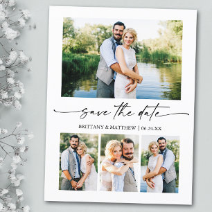 Modern Minimalist Ink Script 4 Photo Save The Date Postcard
