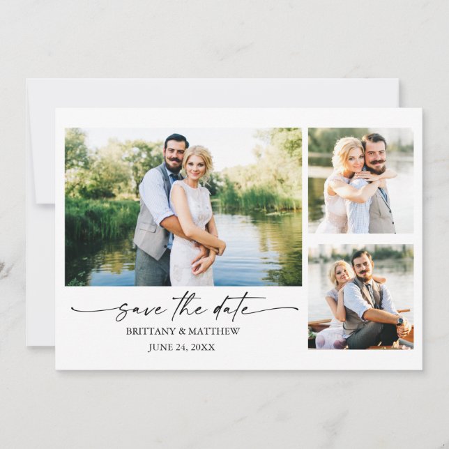 Modern Minimalist Ink Script Couple 3 Photo Save The Date (Front)