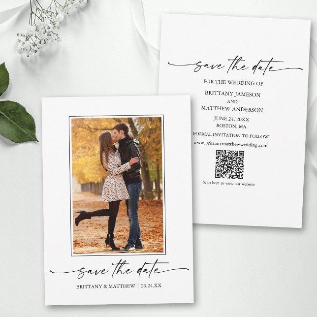 Modern Minimalist Ink Script Couple Photo QR Code Save The Date (Add your wedding website or social media web address to the QR Scan Code.)