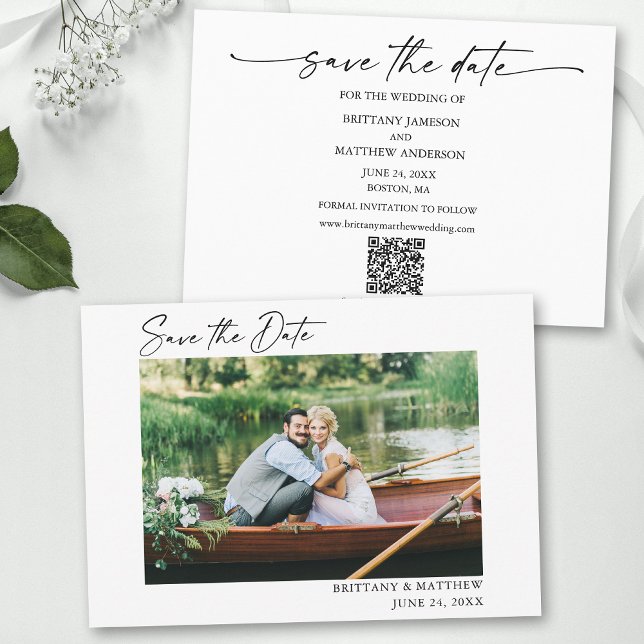 Modern Minimalist Ink Script Couple Photo QR Code Save The Date (Add your wedding website or social media web address to the QR Scan Code.)