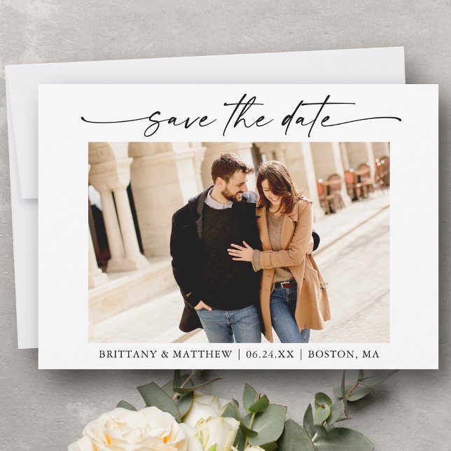 Modern Minimalist Ink Script Photo Save The Date (Customize to change your personalized text size or text style.)