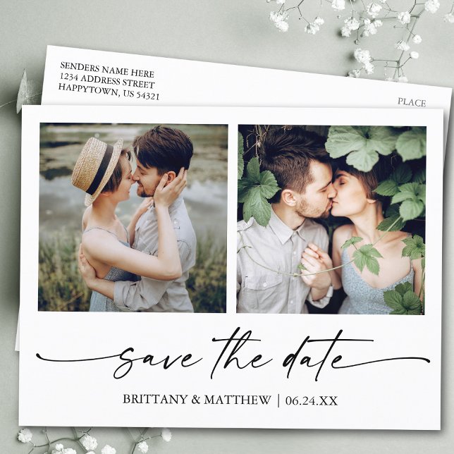 Modern Minimalist Ink Script Save The Date 2 Photo Postcard (Customize to change your personalized text size or text style.)