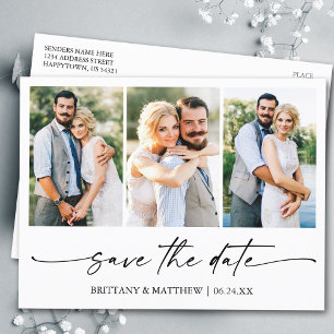 Modern Minimalist Ink Script Save The Date 3 Photo Postcard